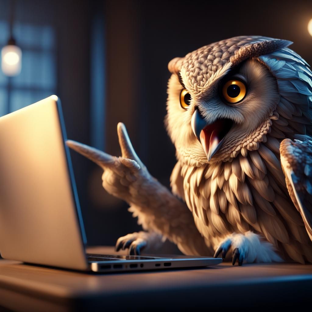 Owl Reacts to Video Call in Dramatic Lighting