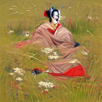 Geisha in Meadow: A Moment of Serenity