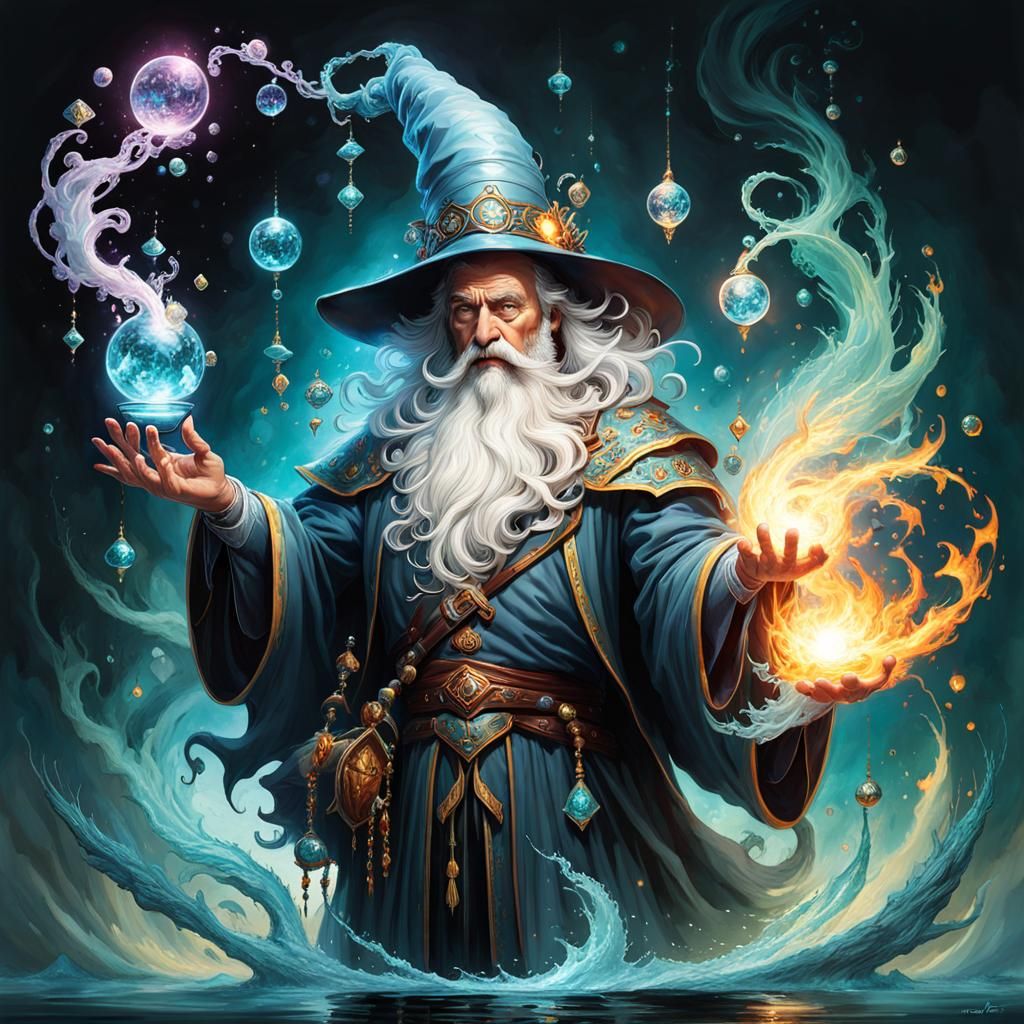 Glaucous Wizard Conjuring Liquid Fire: Digital Art