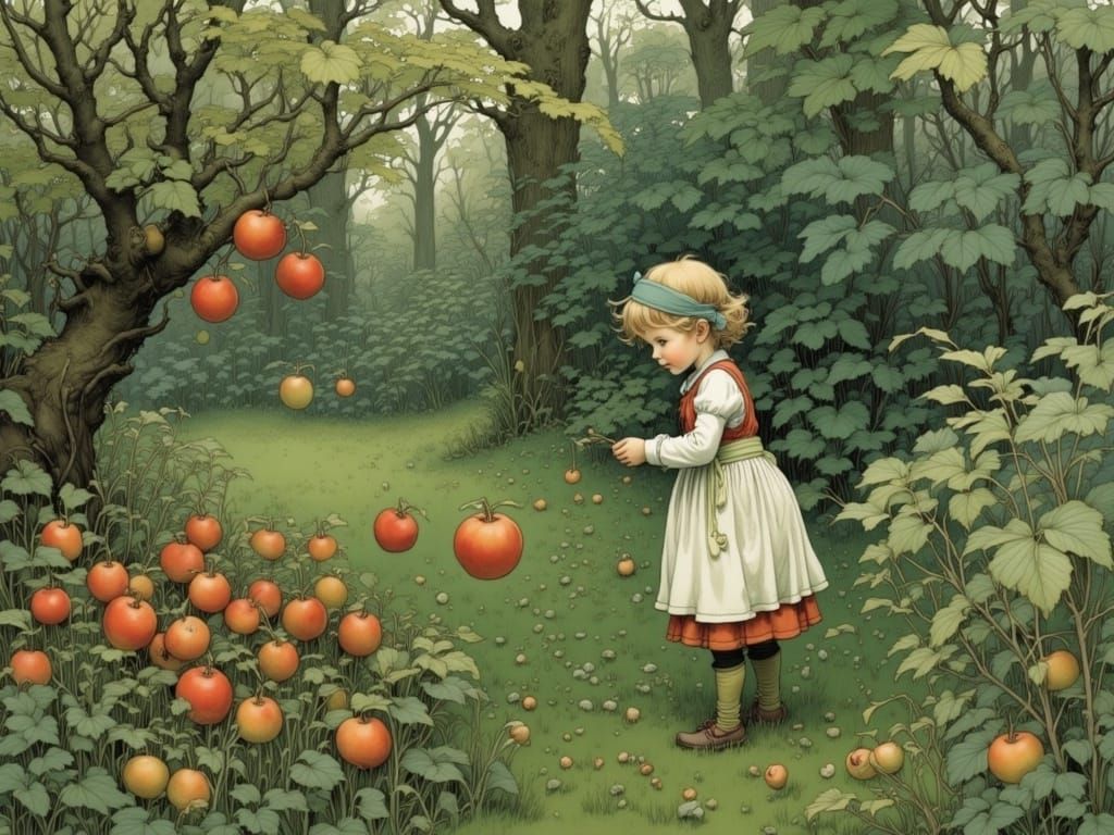 Girl Collecting Apples in Garden, Watercolor Style