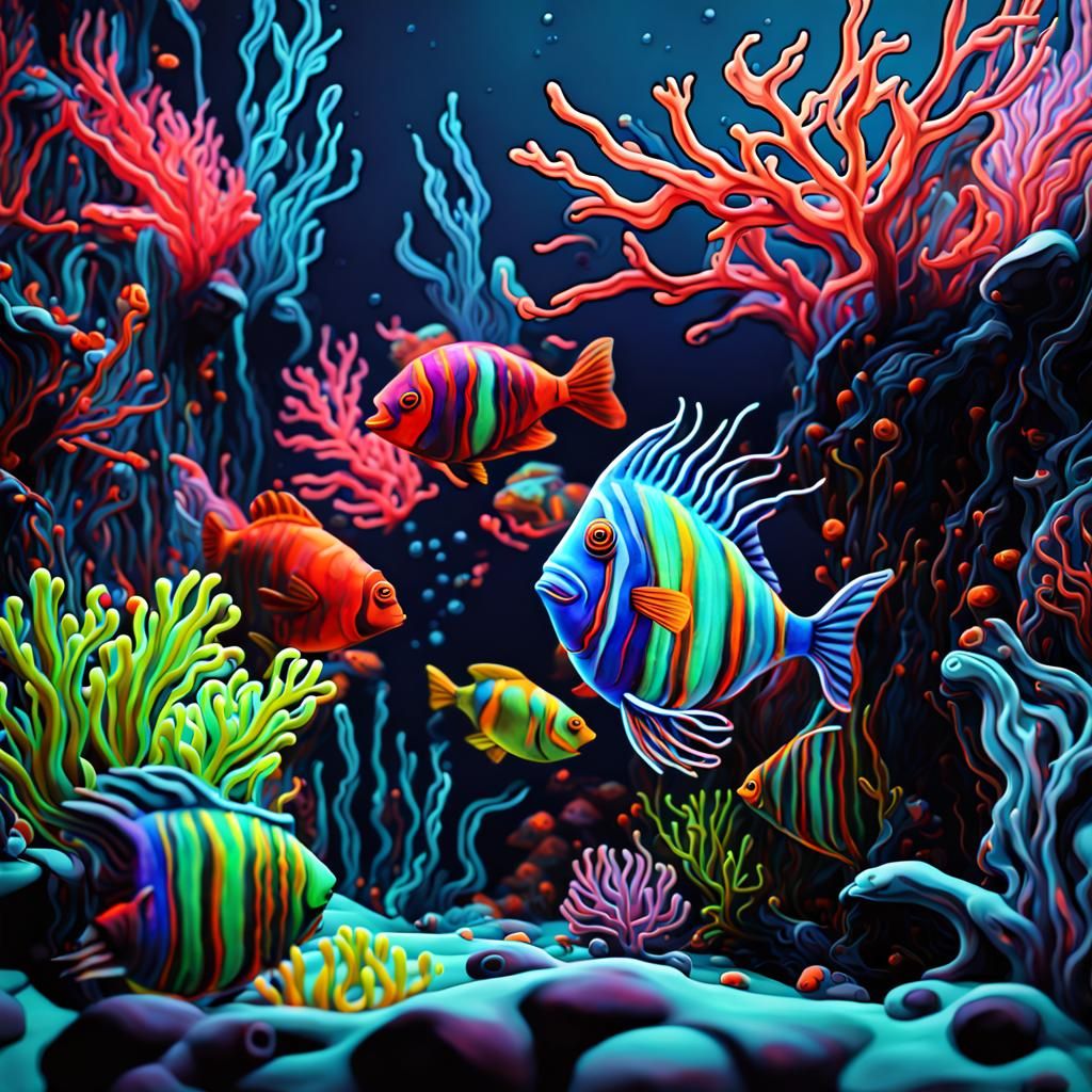 Glowing Neon Fish in Surreal Coral Reef