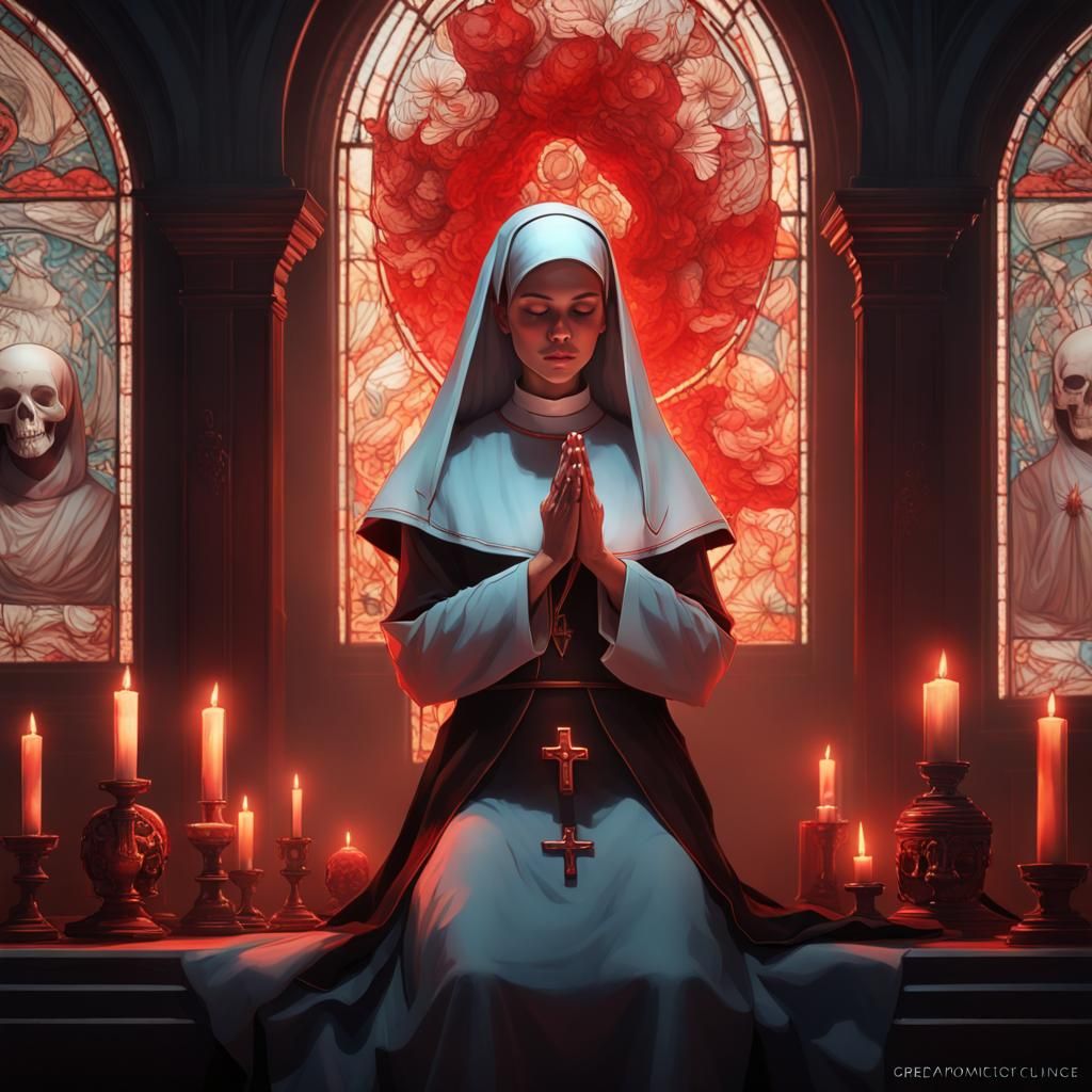 Nun Praying at Skull Altar: Hyperdetailed Concept Art