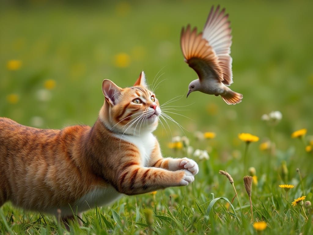 Fierce Feline Pursues Winged Prey in a Serene Meadow
