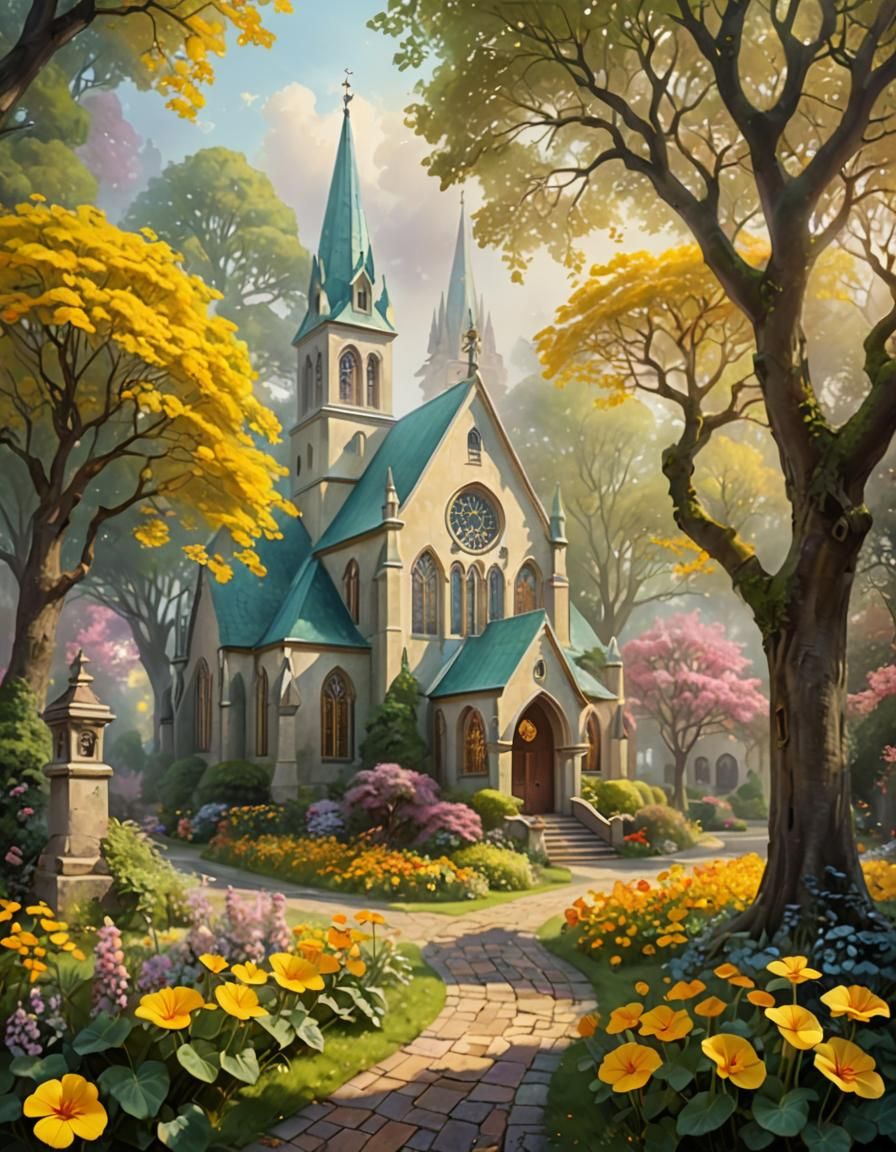 Pastel Church with Stained Glass in Digital Painting