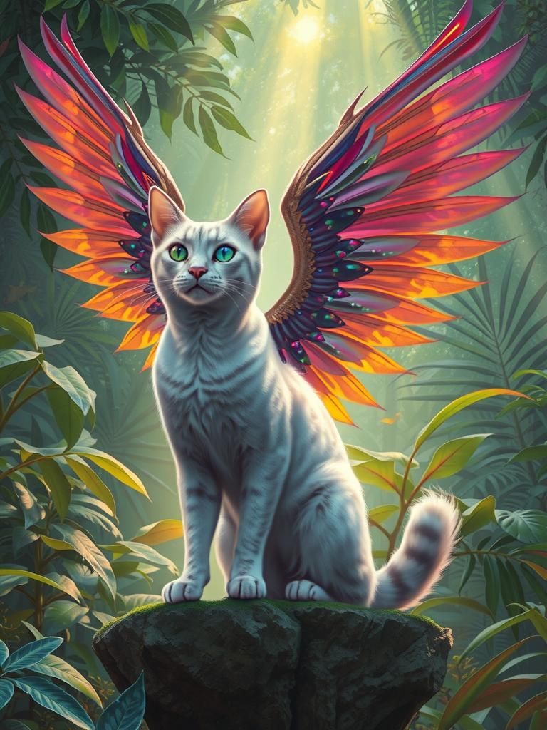 Iridescent Fantasy Cat Wing in Dreamlike Jungle