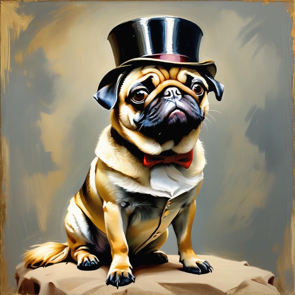 Pug in Top Hat Oil Painting Portrait