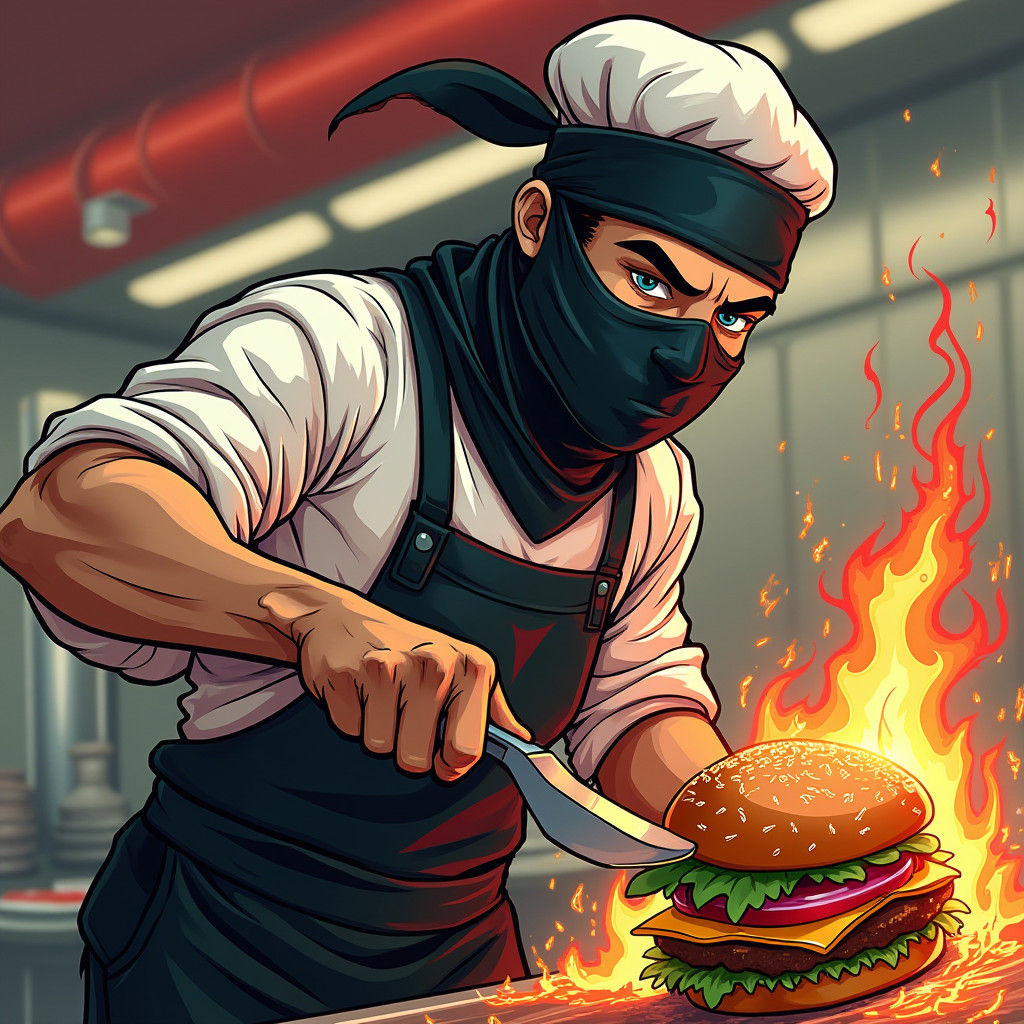 Ninja Fry Cook Ready to Flip Burger, Comic Book Art