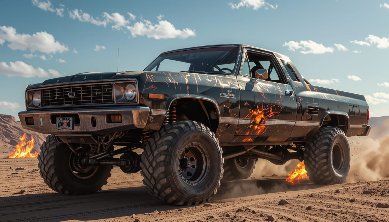 Monster Truck Crushing Sedan With Fiery Exhaust