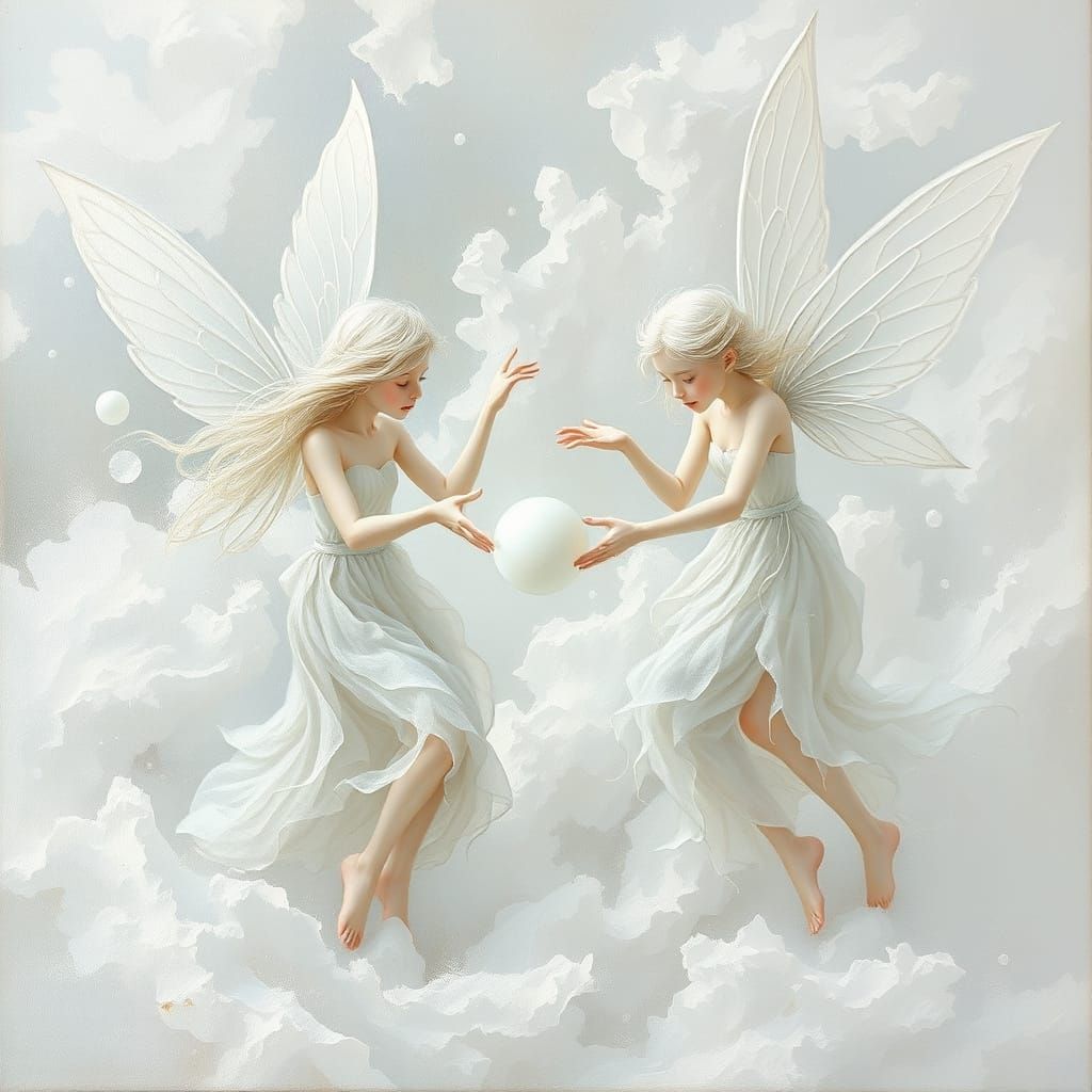 White Fairies Play with Pearl: Oil Painting