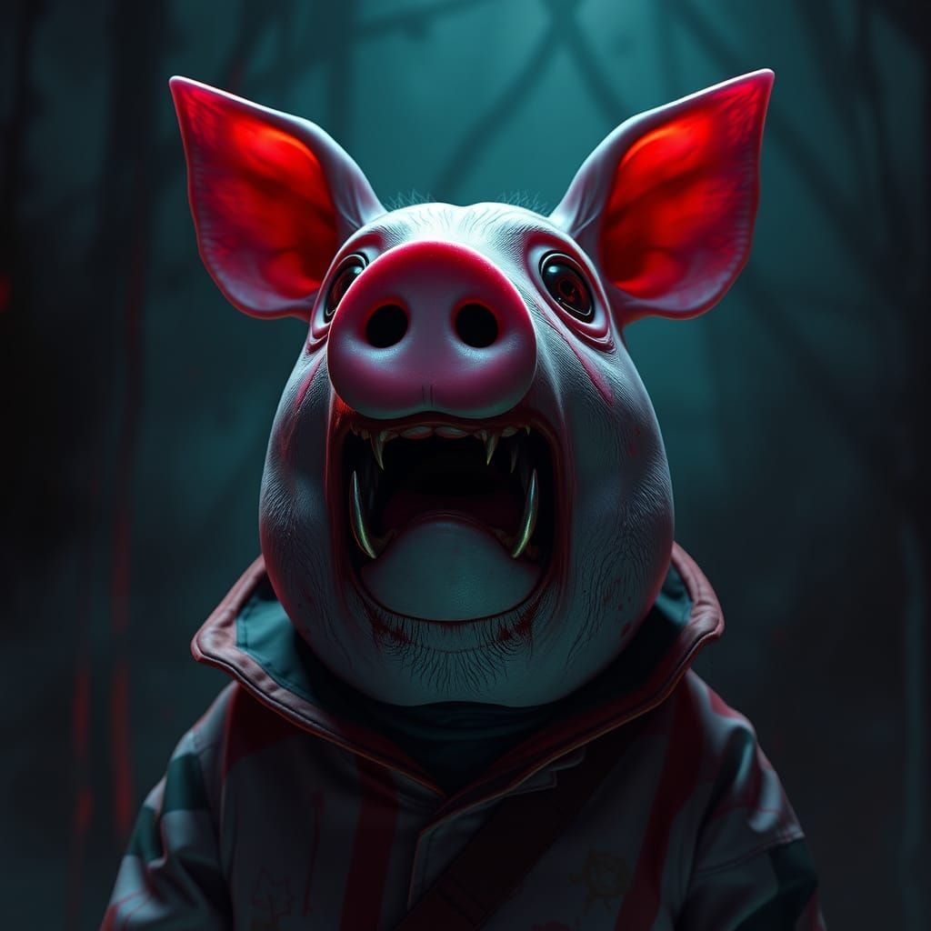 Vibrant Serial Killer Pepa Pig in Dark Mystic Landscape