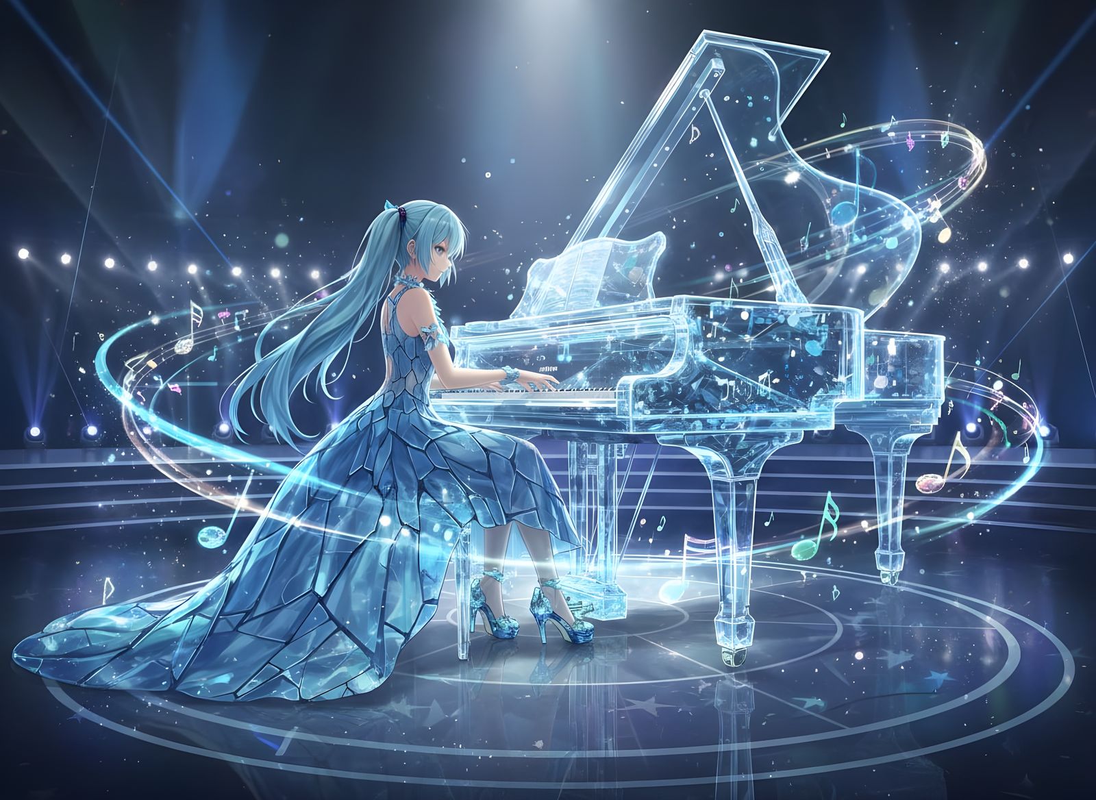 Hatsune Miku Plays Glass Piano Amidst Magical Lights