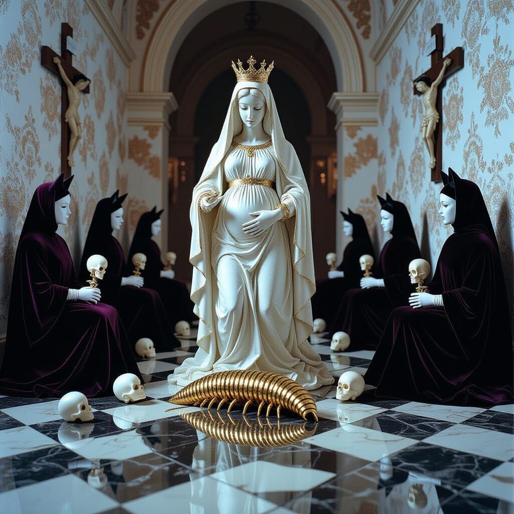 Surreal Birth: Virgin Statue in Eerie Cathedral