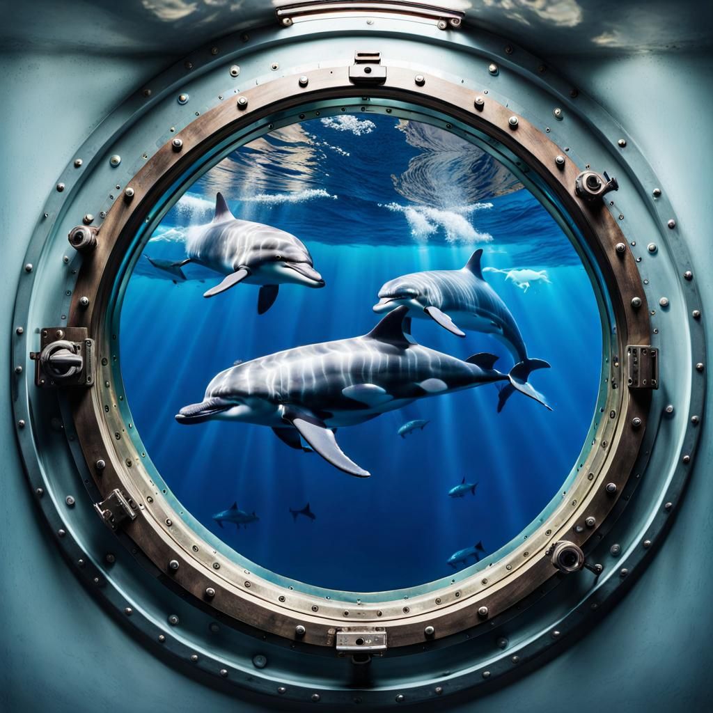 Underwater Porthole View with Dolphins and Whale