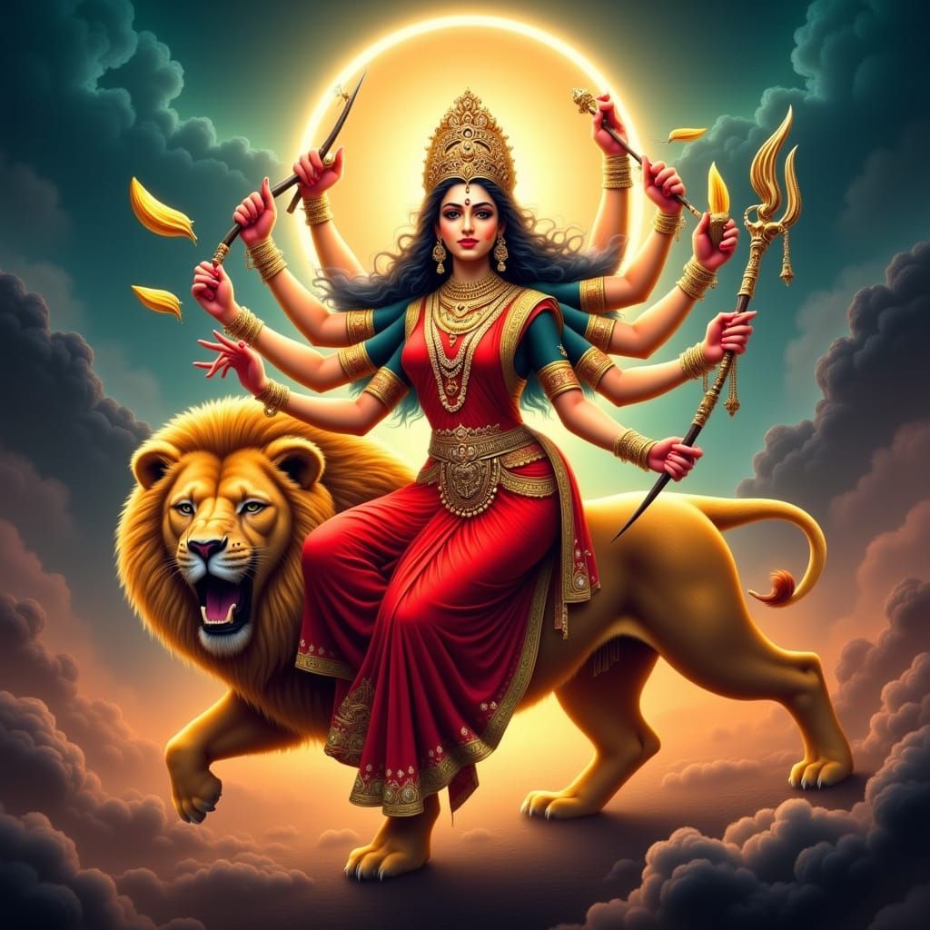 Goddess Durga Riding Lion in Hyperreal Vector Art