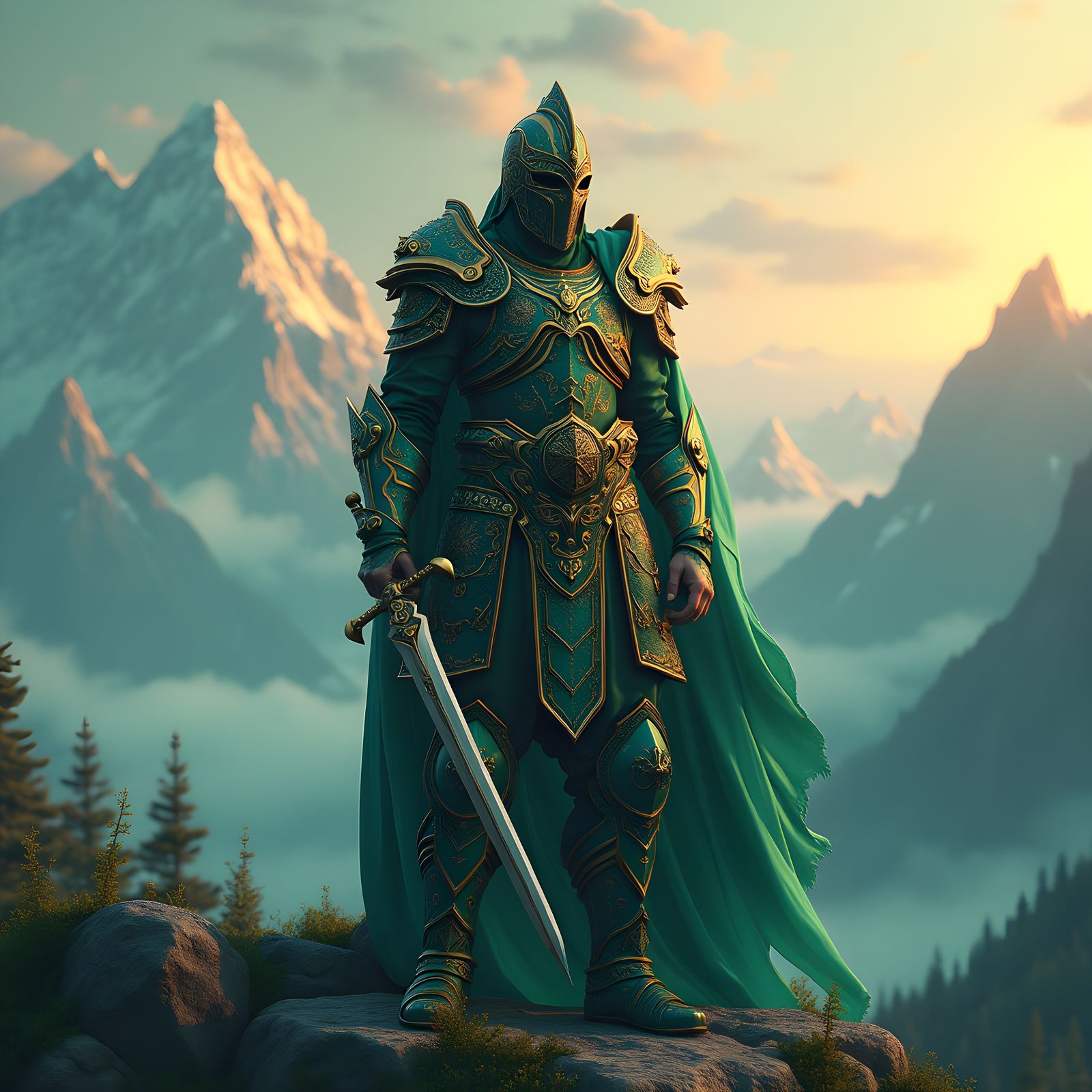 Chechen Warrior in Mystical Landscape, Digital Matte Paintin...