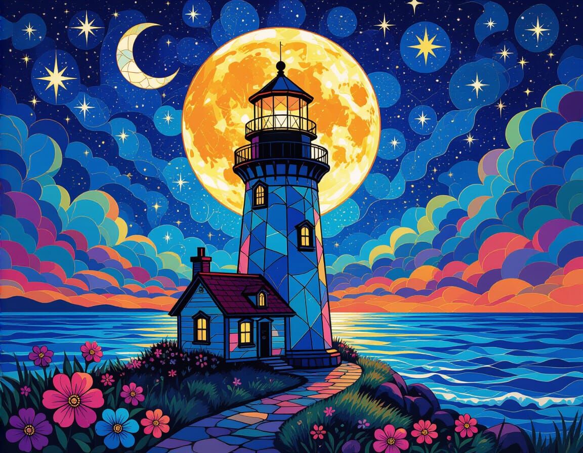 Magical Lighthouse in Stained Glass Style with Cosmic Night ...