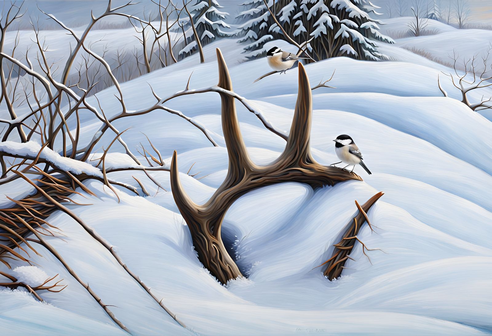 Antler in Snow with Chickadee, Oil Painting Style