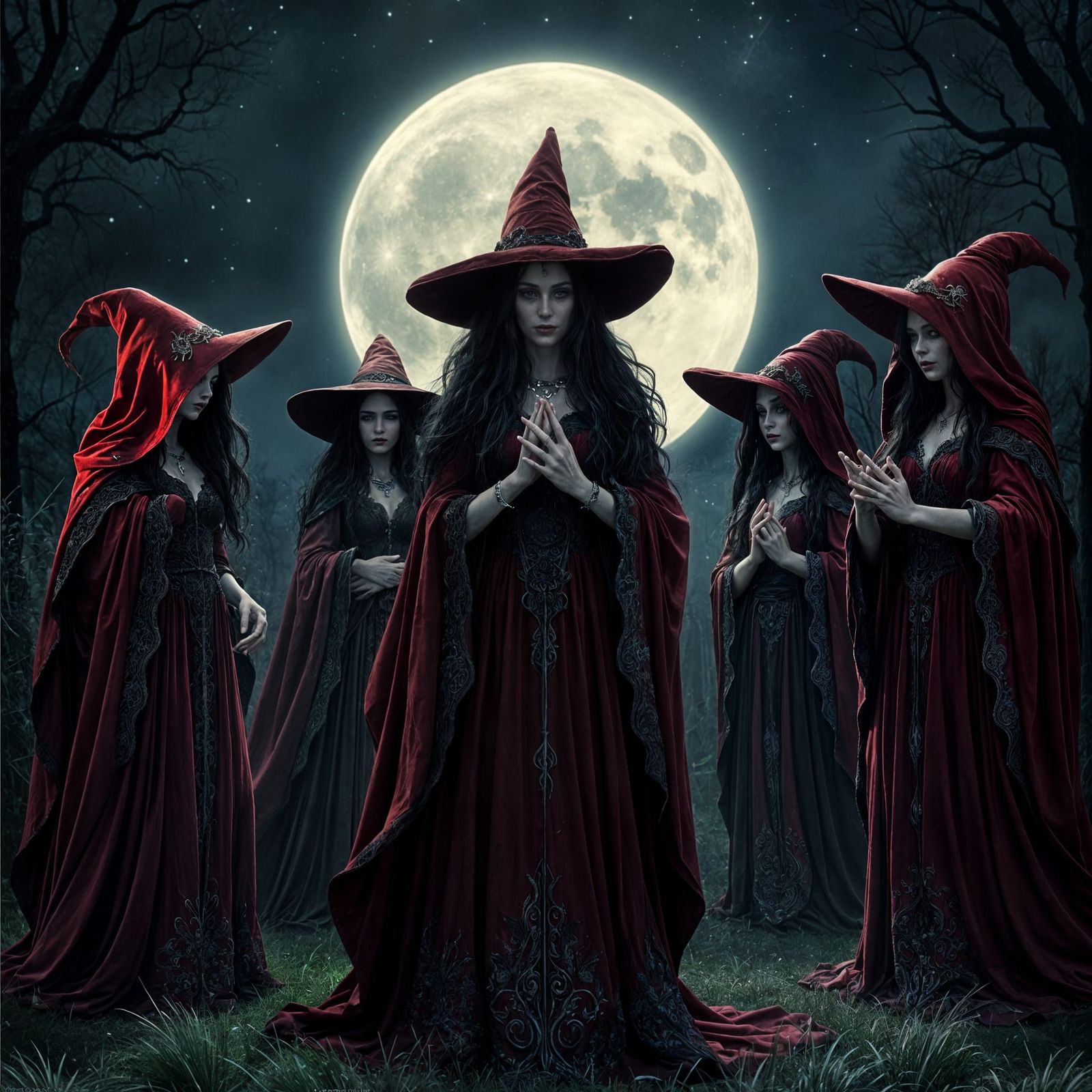 Mystical Witches Dance Under the Moonlit Sky in Elegant Crim...