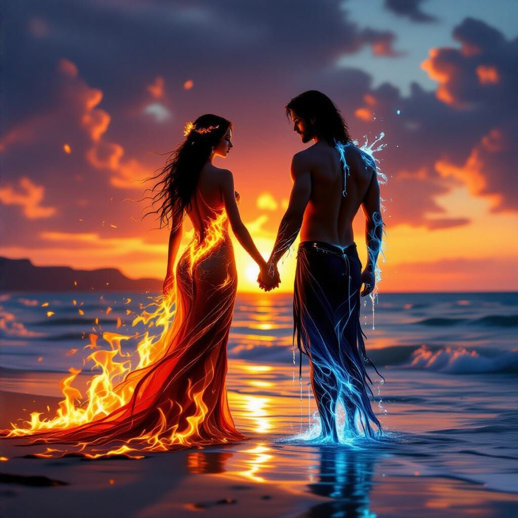 Fire and Water Lovers at Sunset: A Surreal Digital Painting