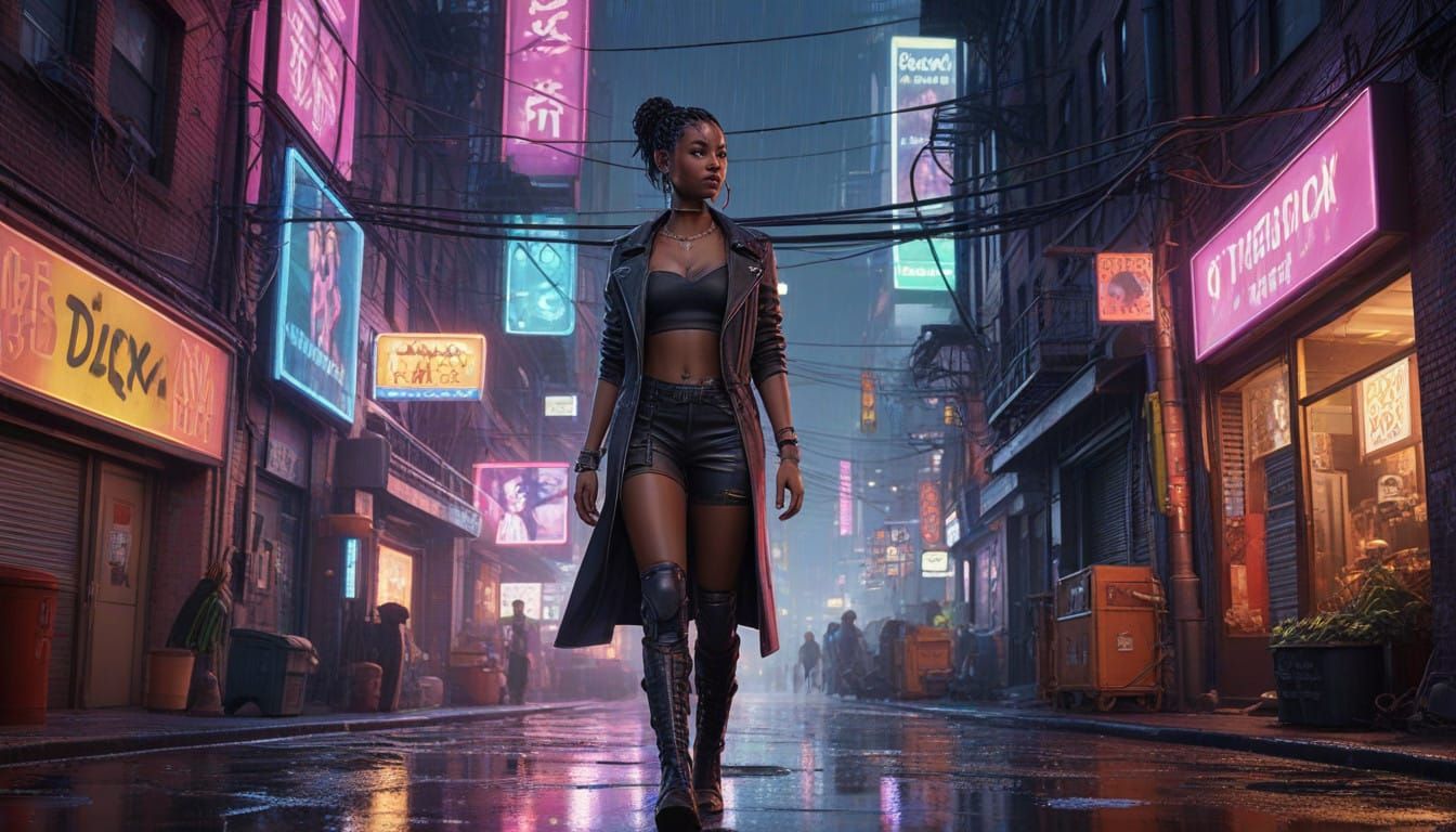 Sensual Cyberpunk Goddess Strolls Through Rainy City Streets