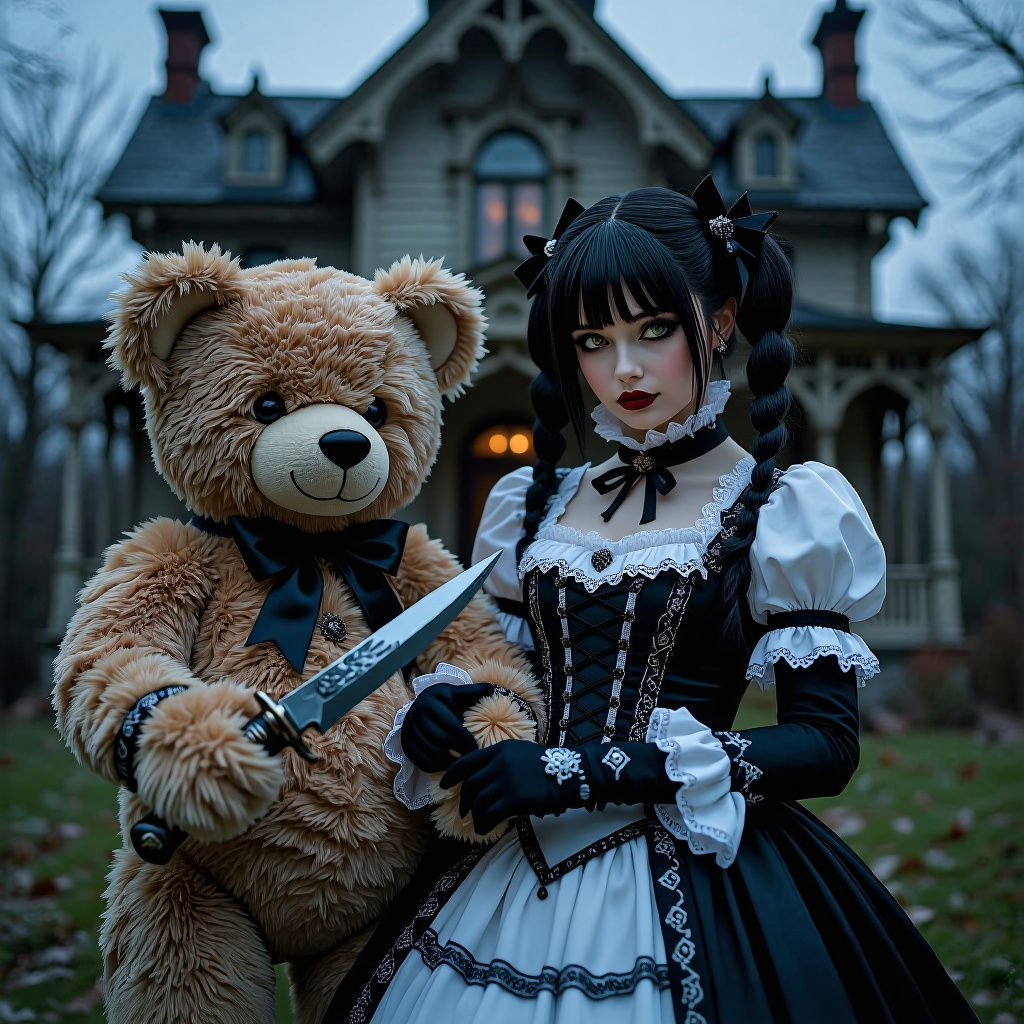 Gothic Girl Meets Evil Teddy Bear at Twilight