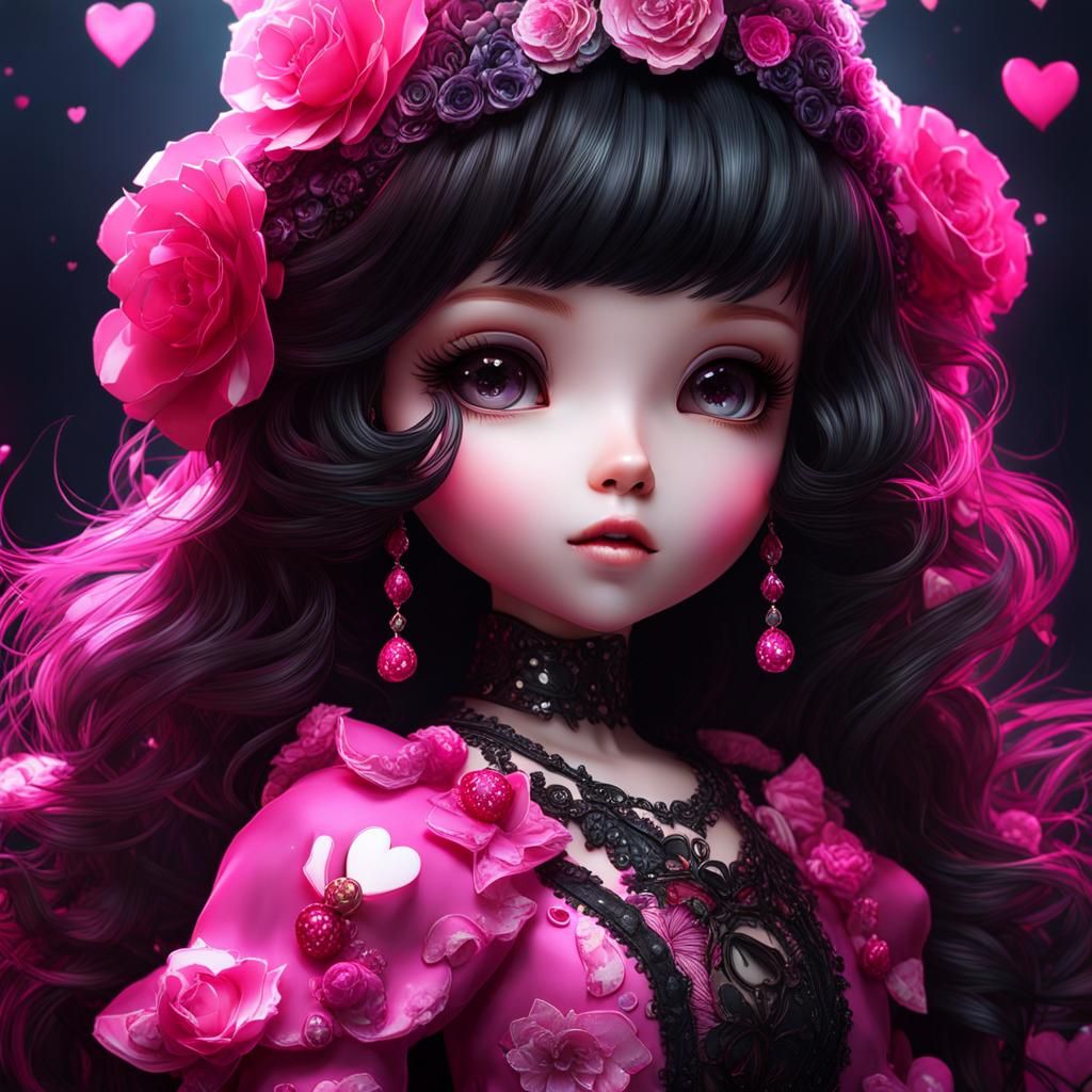 Cute Kawaii Doll with Hearts in Studio Photo