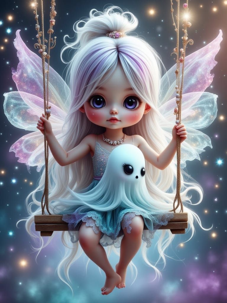 Cute Baby Fairy with Ghost Playmate in Starry Sky