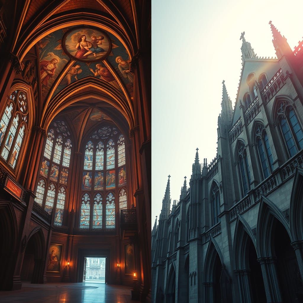 Gothic Cathedral Exterior and Interior Split Canvas Art
