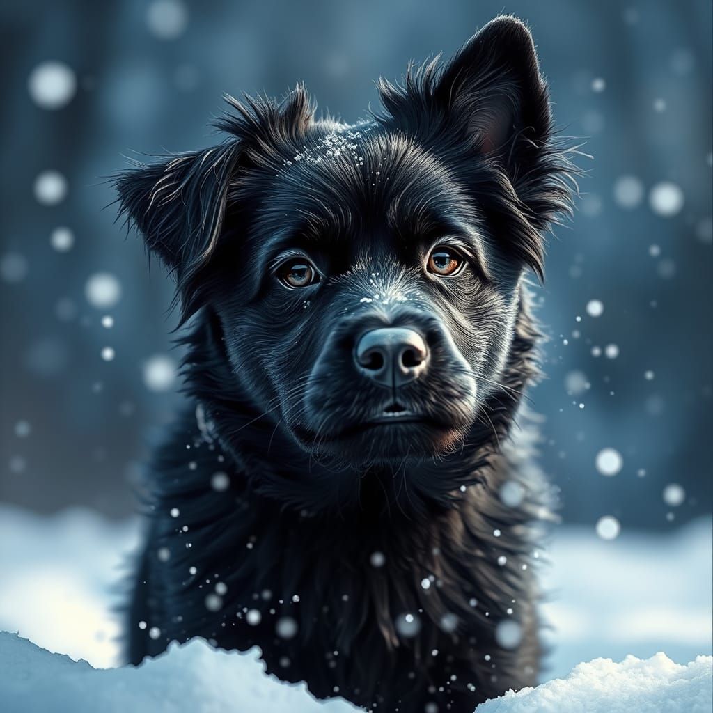 Adorable Black Dog in Snow: Hyperrealistic Splash Art