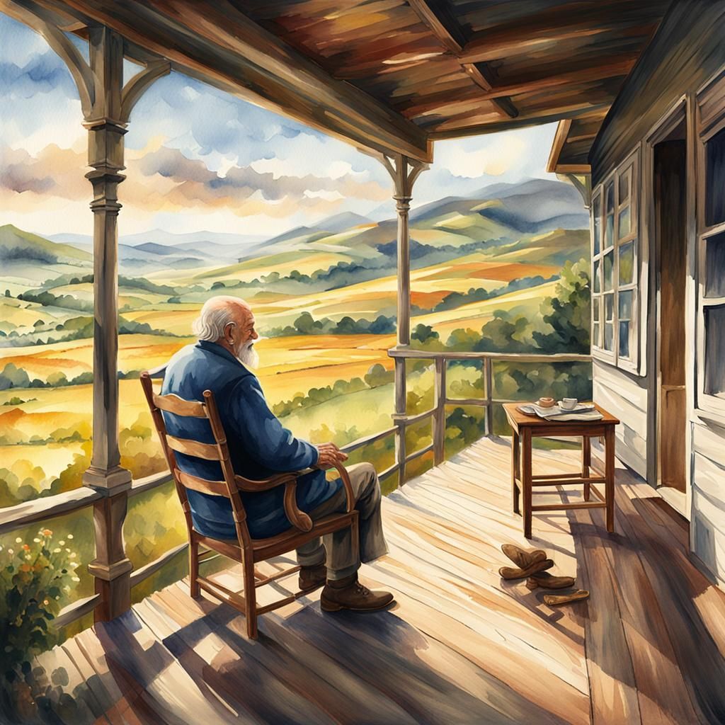 Watercolor Landscape: Old Man on Verandah