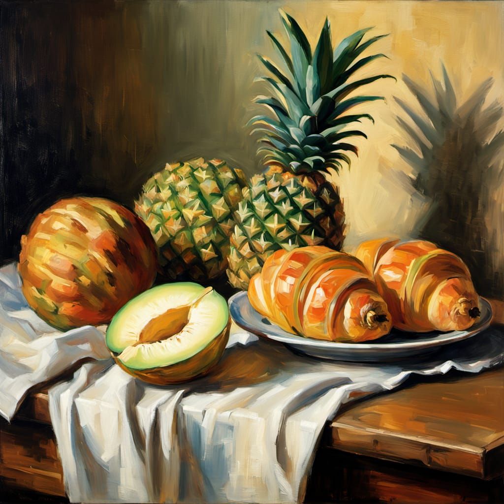 Still life with pineapple, melon and croissant