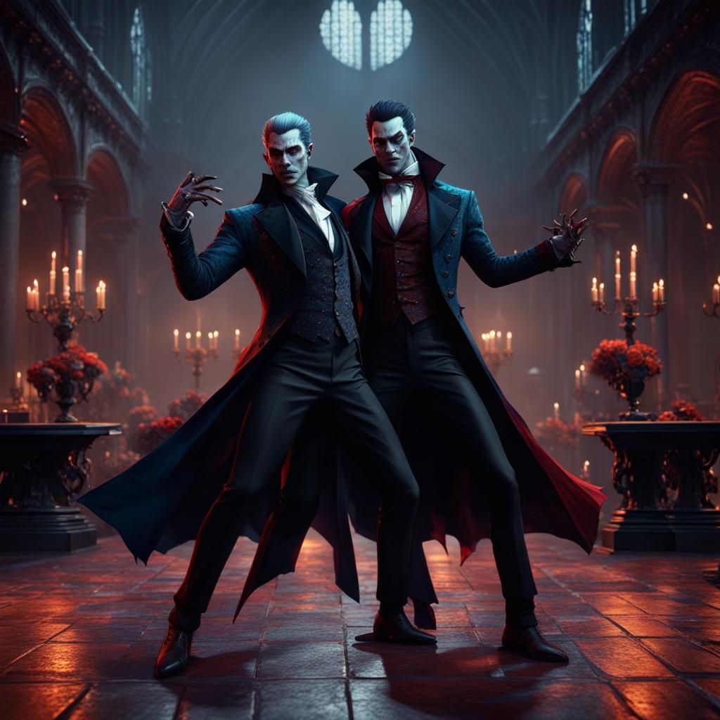 Gay Vampire Couple Dancing: Detailed Matte Painting