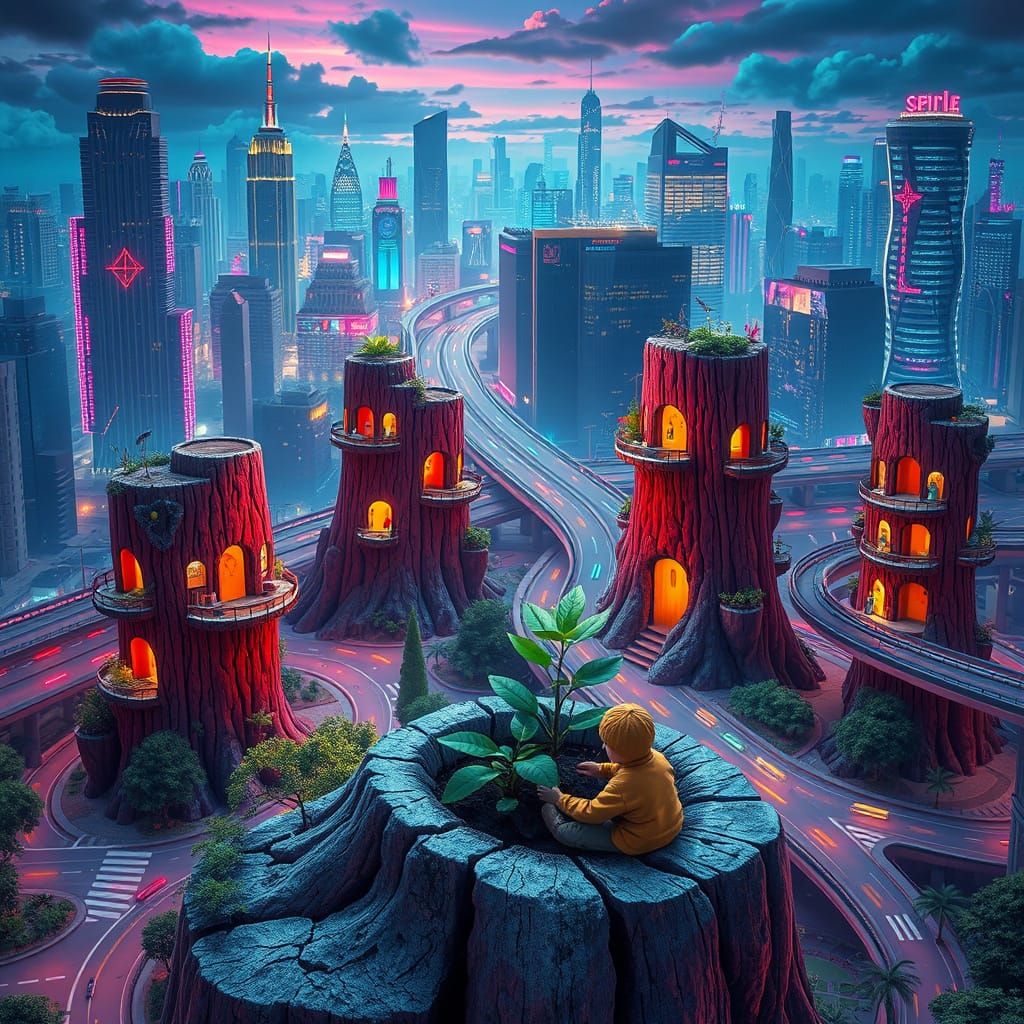 Child Nurturing Plant in Futuristic Cityscape