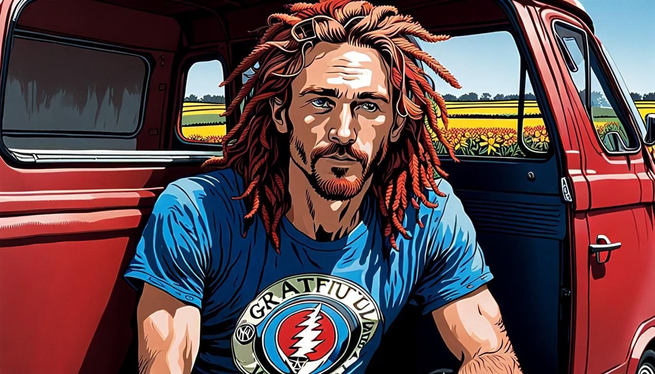 Young Man with Dreadlocks in Van: Woodcut Style