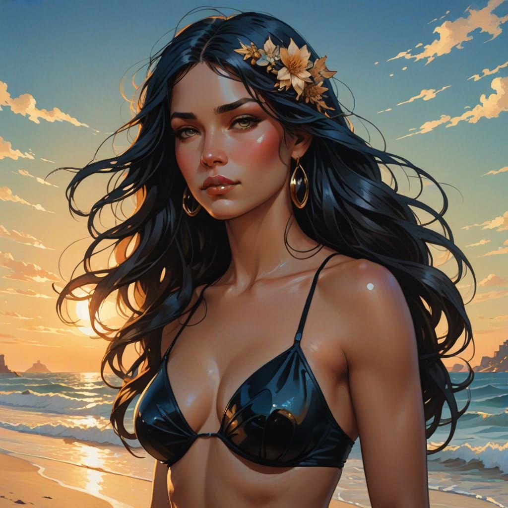 Woman in Black Bikini on Beach at Golden Hour