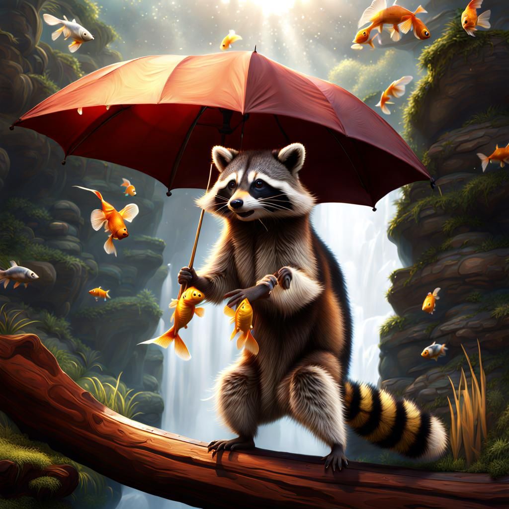 Raccoon Juggling Goldfish: Detailed Fantasy Art