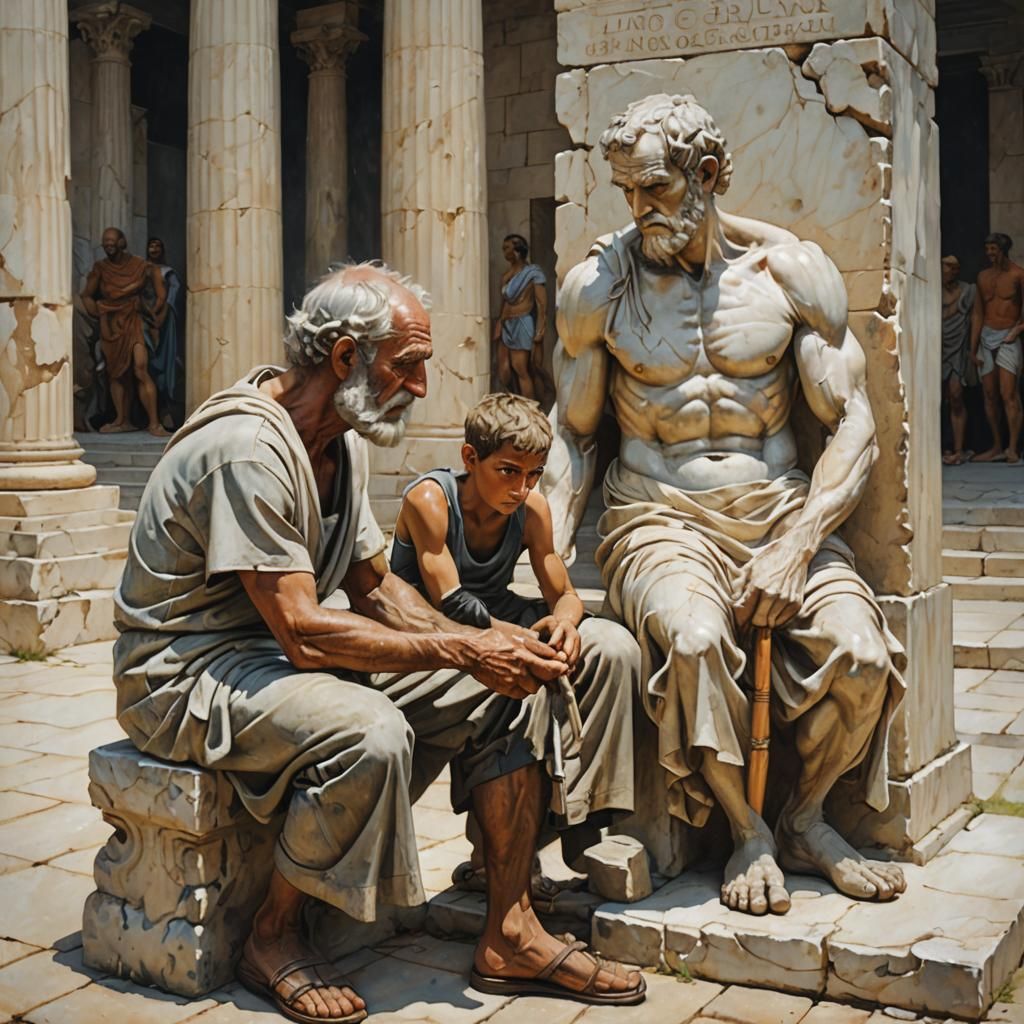 Old Man Watching Sculptor in Ancient Greece
