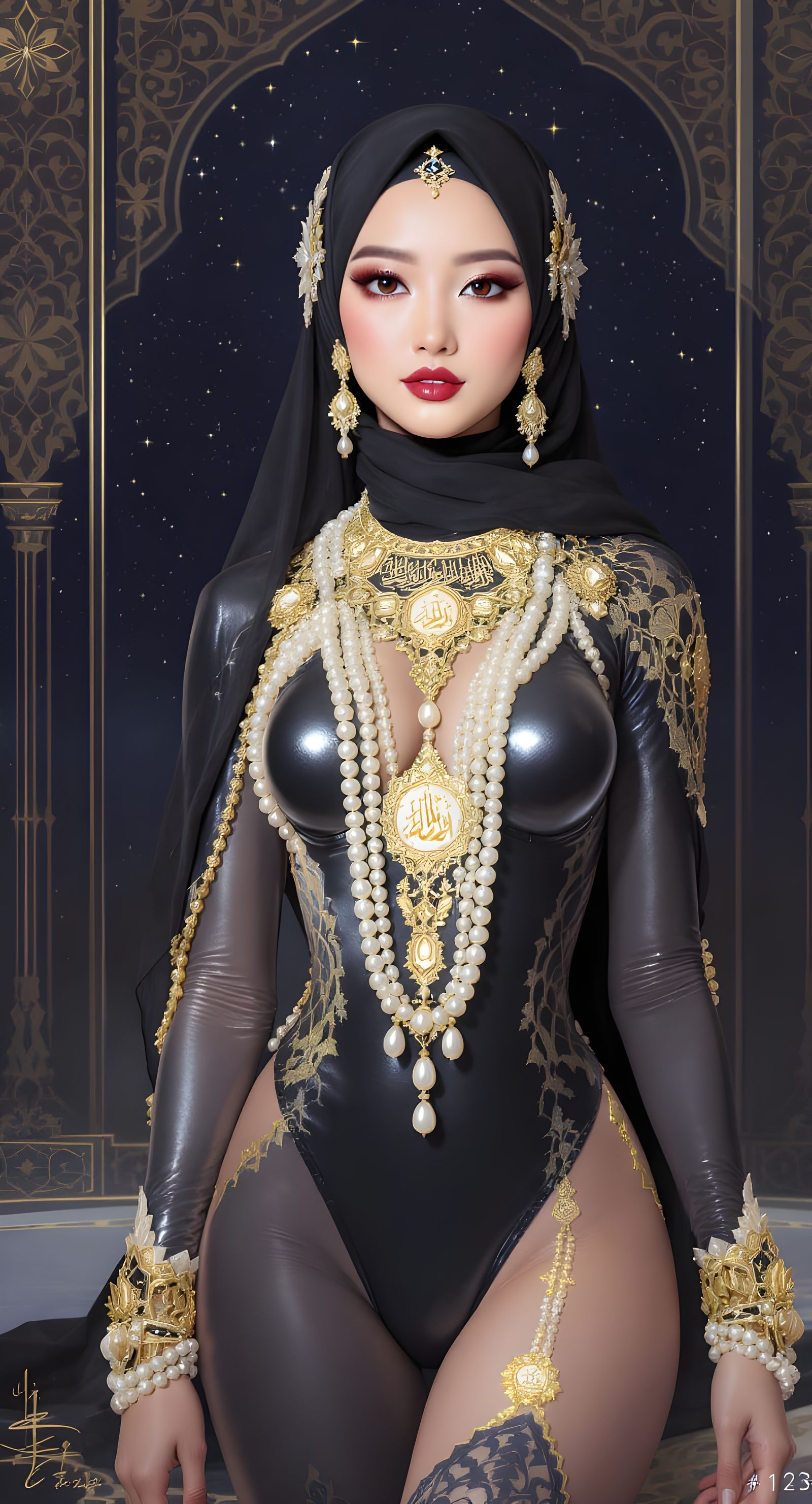 Asian Woman in Hijab with Pearl Body Chain and Arabic Jewelr...