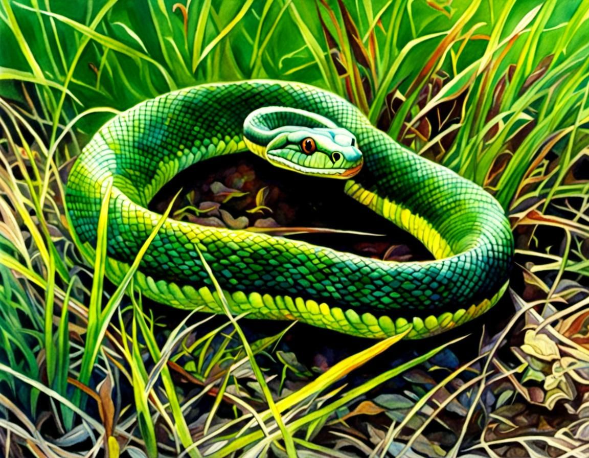 Watercolor Snake Coiled in Grass