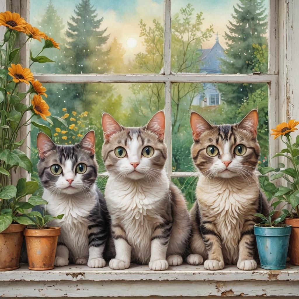 Whimsical Cats with Big Eyes in Magical Garden