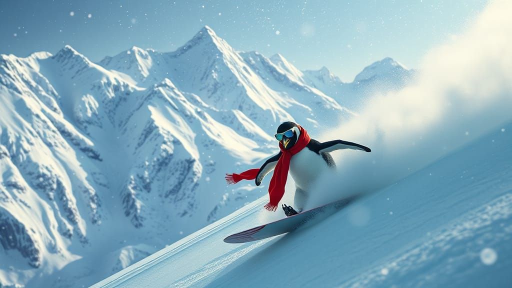 Ethereal Snow-Surfing Penguin in Dreamlike Atmosphere
