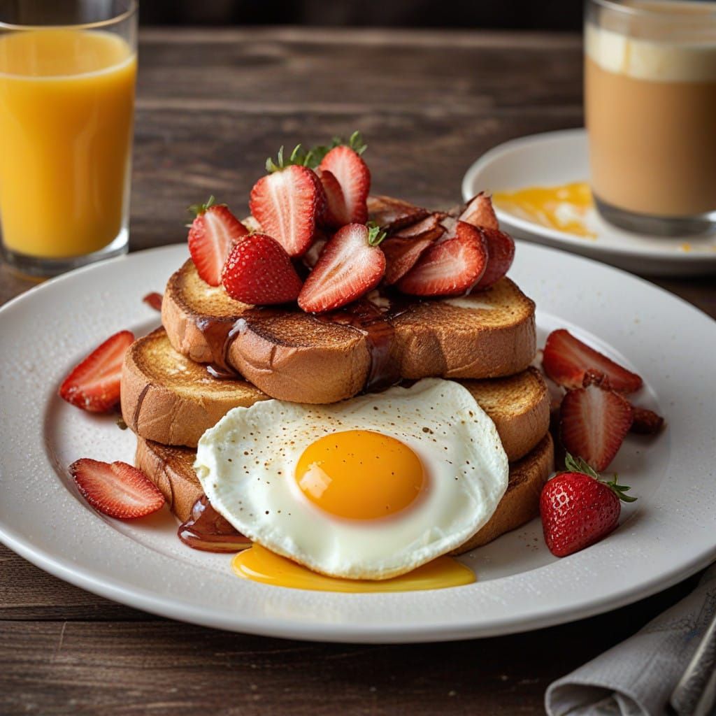 french toast, fried eggs,, orange juice and Café au lait