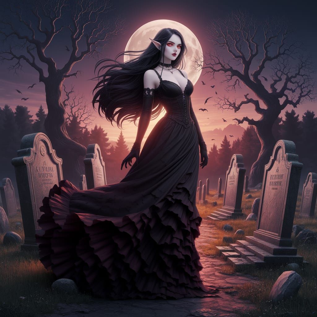 Elegant Vampire in Moonlit Graveyard: Cel-Shaded Art