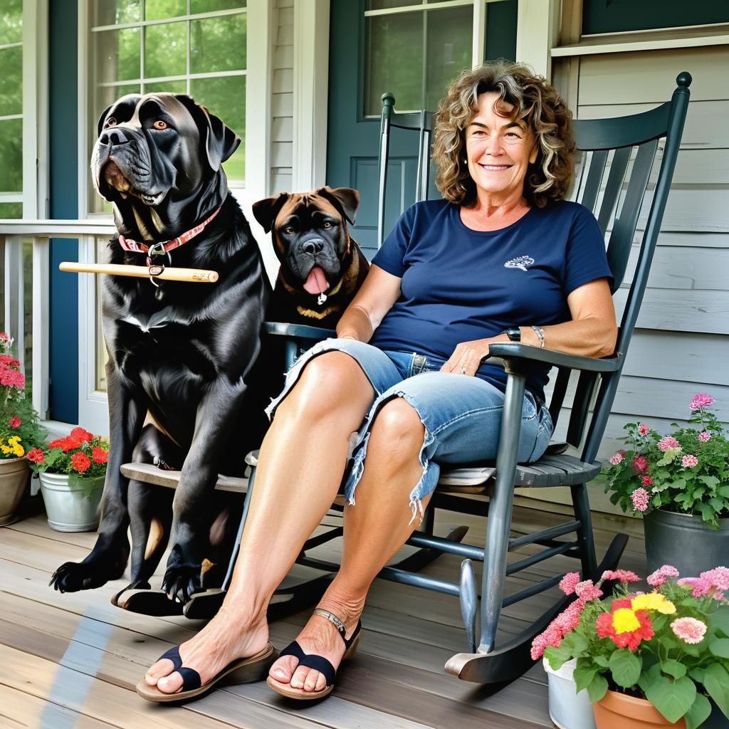 Watercolor Woman with Pets on Farmhouse Porch