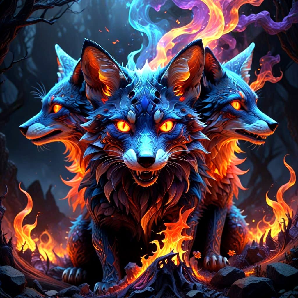 Three-Headed Hell Fox in Abstract Fractal Style