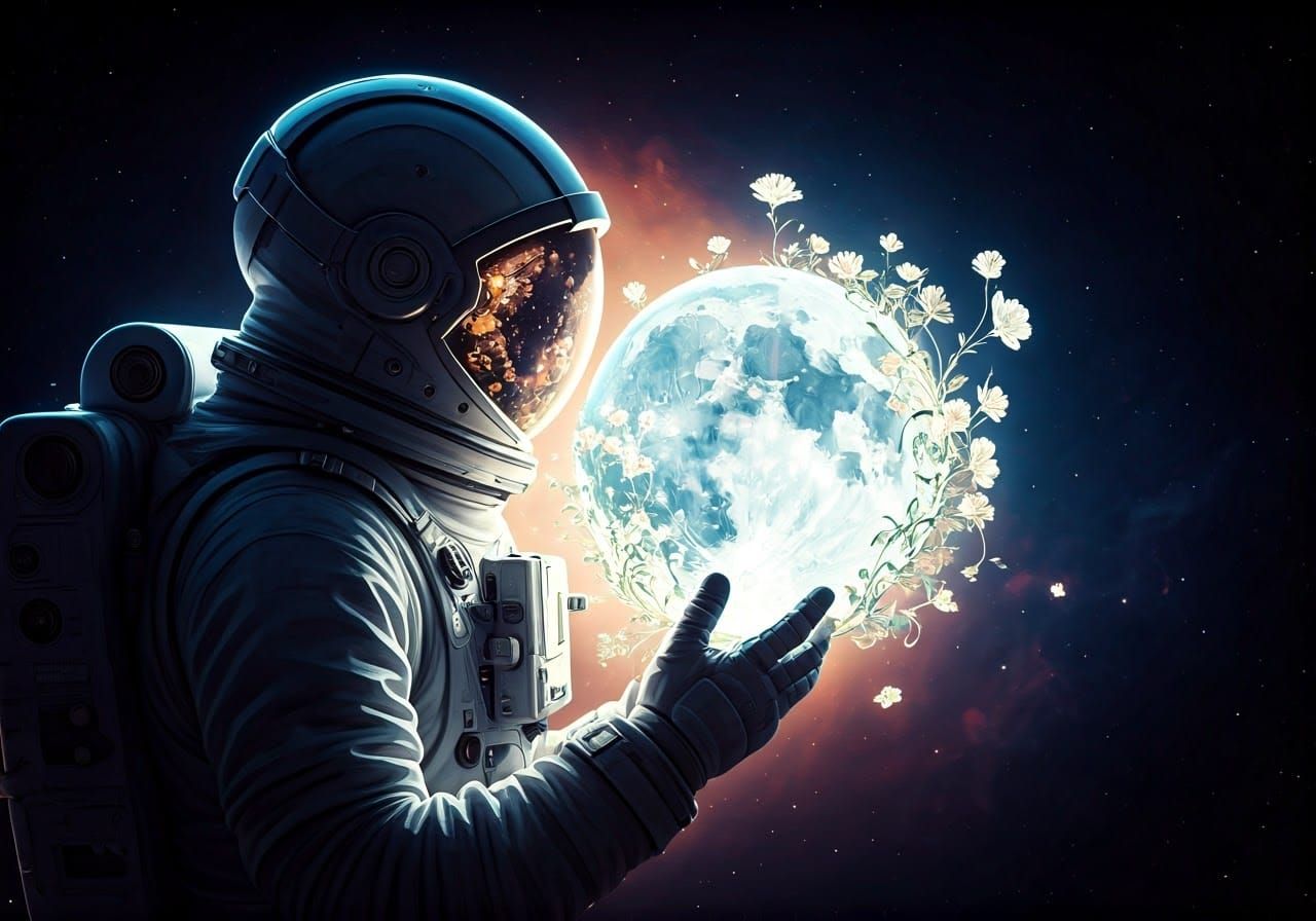 Astronaut with Floral Moon in Art Nouveau Style