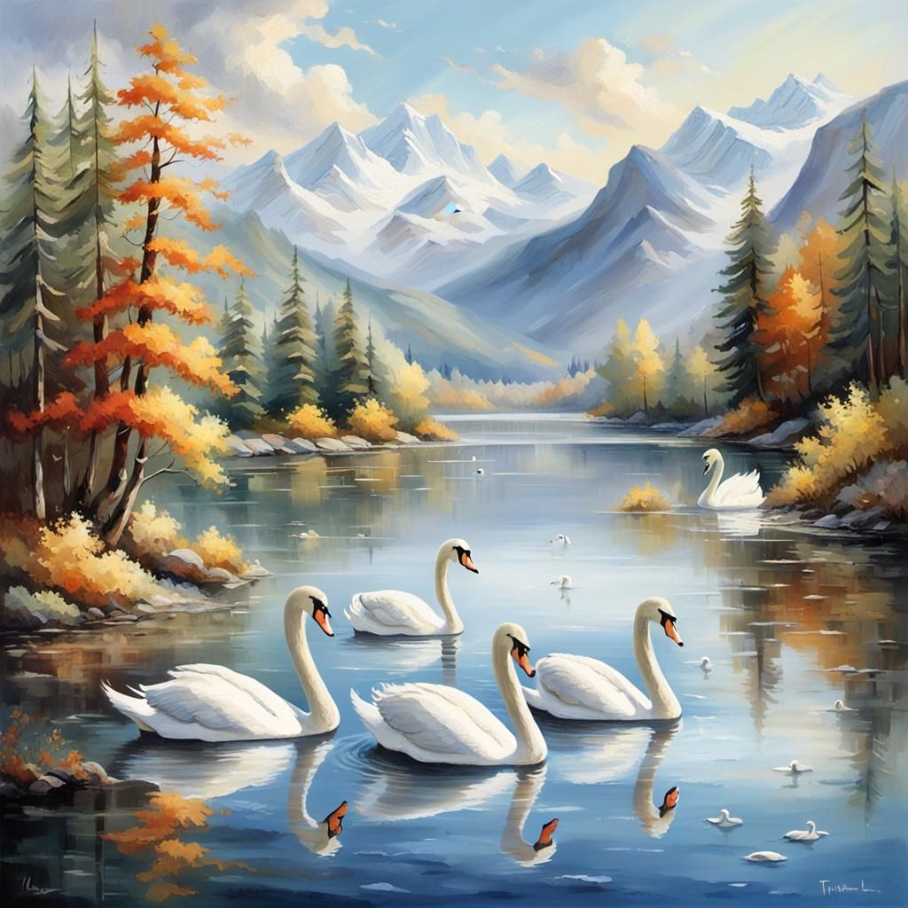 Swans in Serene Autumn Lake with Snowy Mountains