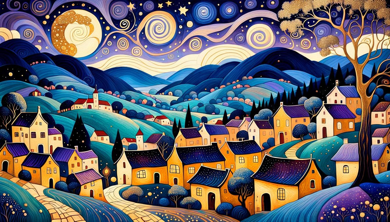 Golden Village Under Starry Night Sky in Klimt Style