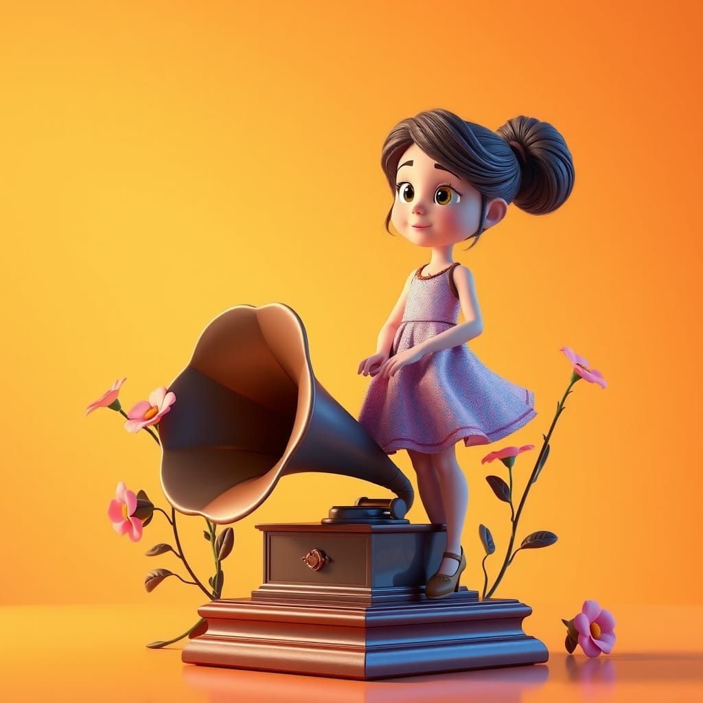 Girl on Gramophone with Flowers in Cartoon Style