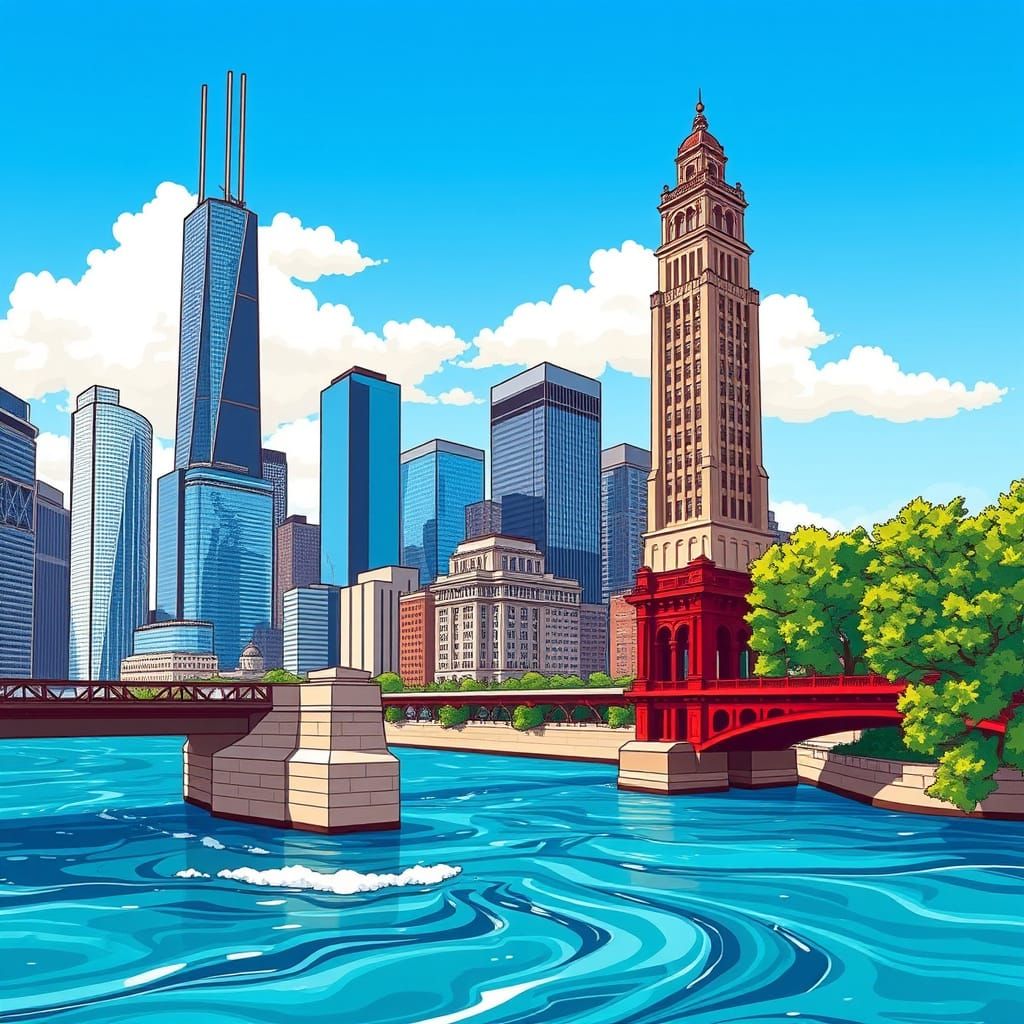 Vibrant Chicago Skyline Illustration Across River